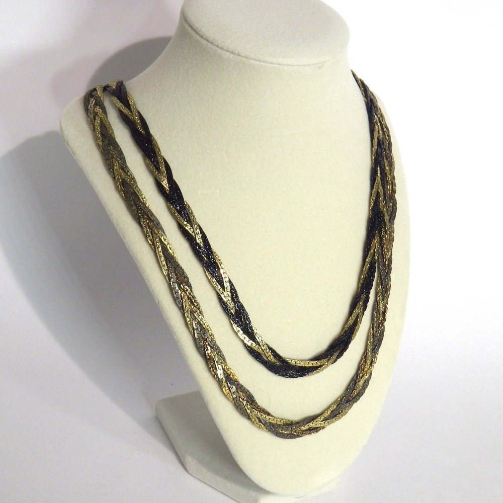 Set of 2 Vintage Flat Braided Necklaces Serpentine Chain Gold/Black/Silver 24″