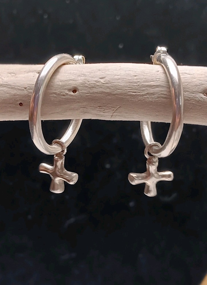 Vintage Signed Sterling Silver Cross Dangle Huggie Hoop Earrings