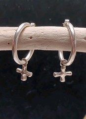 Vintage Signed Sterling Silver Cross Dangle Huggie Hoop Earrings