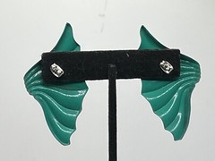Lg Vintage Teal Fan Shaped Statement Earrings For Pierced Ears 1970-1990 Style