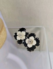Dana Buchman Enamel Flowers 3 Piece Set Silver Plated Black Cream With Crystals