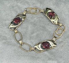 VTG. 1940-50s Sterling Silver 12K Gold Filled Purple Glass Flower Bracelet 6 3/4