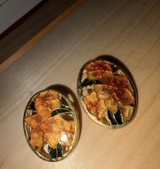 Vintage Enamel Orchid/Hibiscus Peach and Gold Earrings Post Back