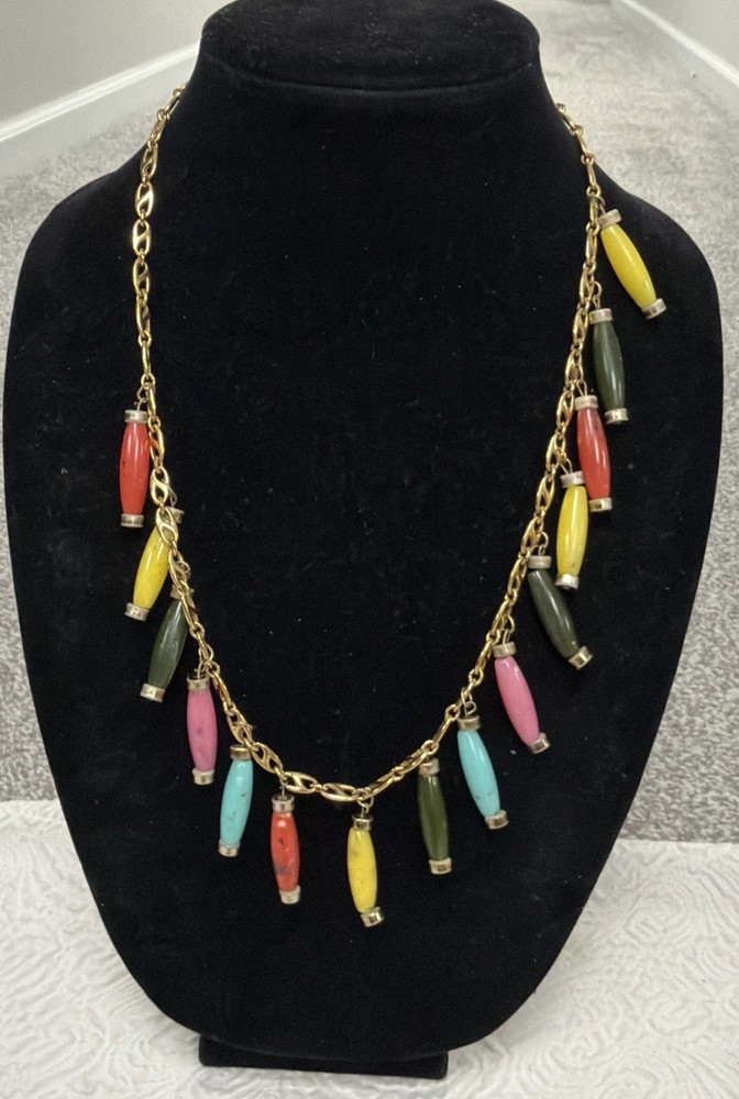 Vintage Bohemian Dangling Multicolor Oblong Beads Gold Plated 24” Necklace