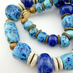Vintage Chunky Artisan Blue Glazed Ceramic Bead Statement Necklace