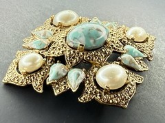 Vintage Sarah Coventry 1968 Remembrance Faux Turquoise Pearl Pendant Brooch Pin