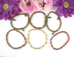 Lot of 6 Vintage BRACELETS Goldtone BEADED Orange Pinks Bead Metal Glass Plastic