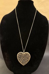 Vintage Textured Gold Tone Openwork Heart Pendant Necklace 1970s Boho Filigree