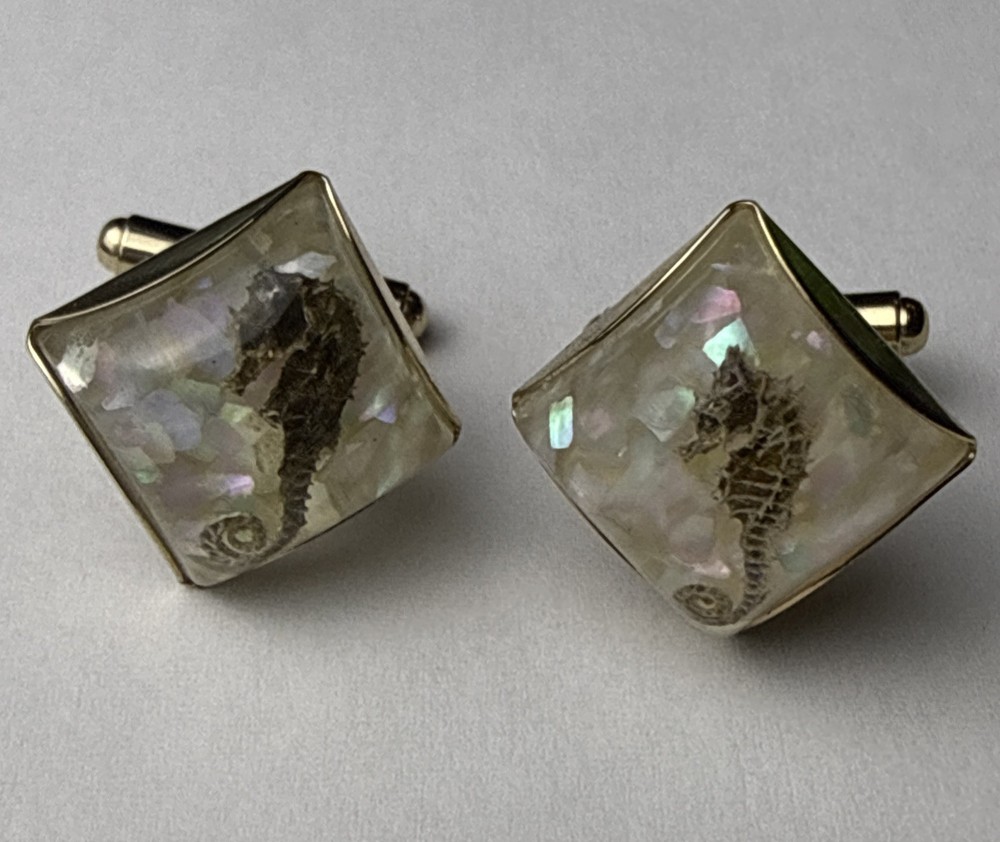 Rare 1960s Genuine Seahorse Confetti Lucite Domed Cuff Links-aquatic Sea Life