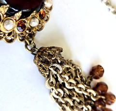 Vintage W Germany Amber Glass Faux Pearl Gold Tone Tassel Pendant Necklace 25″