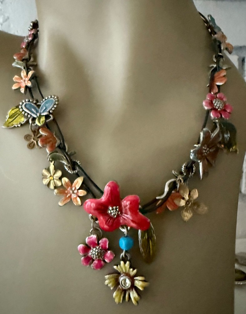 ESTATE LEATHER CORD MULTI COLOR ENAMEL FLOWERS CHARM NECKLACE SILVER TONE SIGNED