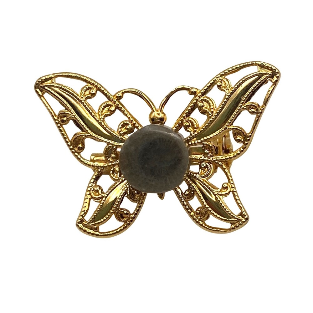 Vtg Petoskey Stone Butterfly Brooch Filigree Gold Tone Pin Box Michigan Fossil