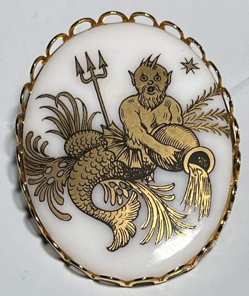 Vintage king Neptune Poseidon merman damascene Resin metal brooch 1-5/8”
