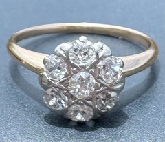 ART DECO 1930’s OLD MINE CUT DIAMOND DAISY FLOWER RING 13K 14K 15K GOLD