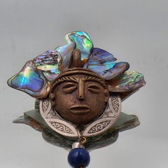 Vintage 1991 Artisan Signed Mixed Media Face Brooch Pin Abalone Lapis 3.5