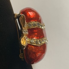 Vintage Red Enamel Puffy Heart with Rhinestone Gold tone Bow Pin Brooch