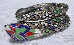 Antique German Art Deco Colorful Enamel SNAKE 935 Silver Wrap Bracelet