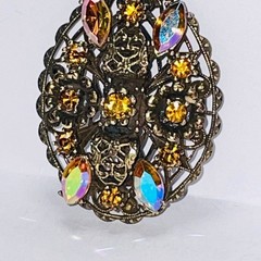 VINTAGE Gold Tone Filigree Amber Rhinestone Brooch AB Navette Statement