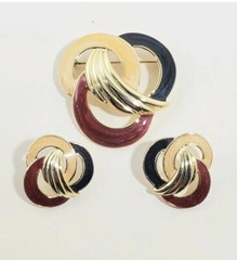 Vintage Estate Pearlescent BROOCH EARRING SET Cream Blue Maroon GoldTone EUC