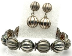 Vintage Italy 925 Sterling Silver Orb Bracelet Earrings Set Ribbed Modernist 30g