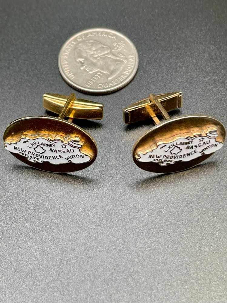 Vintage Nassau Bahamas New Providence Island Map Cufflinks Gold Tone Souvenir