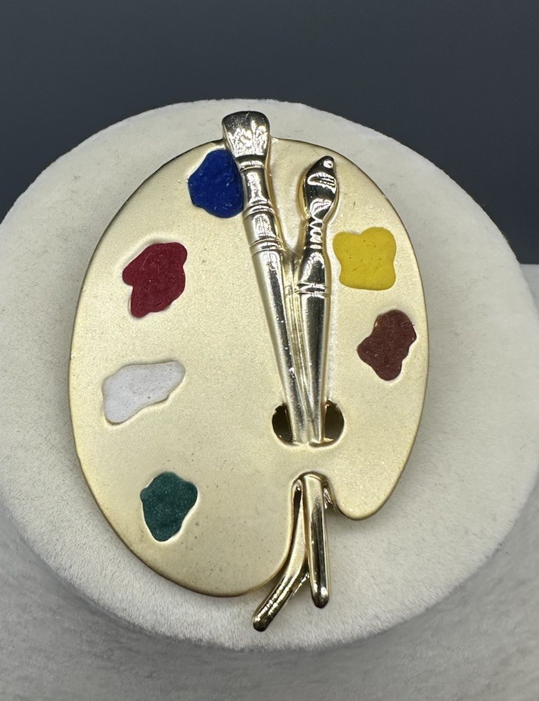 Vtg Paint Palette Artist Brooch Pin Gold Brushed Tone Brush Art To Wear Gift