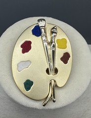 Vtg Paint Palette Artist Brooch Pin Gold Brushed Tone Brush Art To Wear Gift
