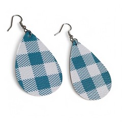 VTG Chunky Teal & White Plaid Lightweight Teardrop Everyday Earrings 3″