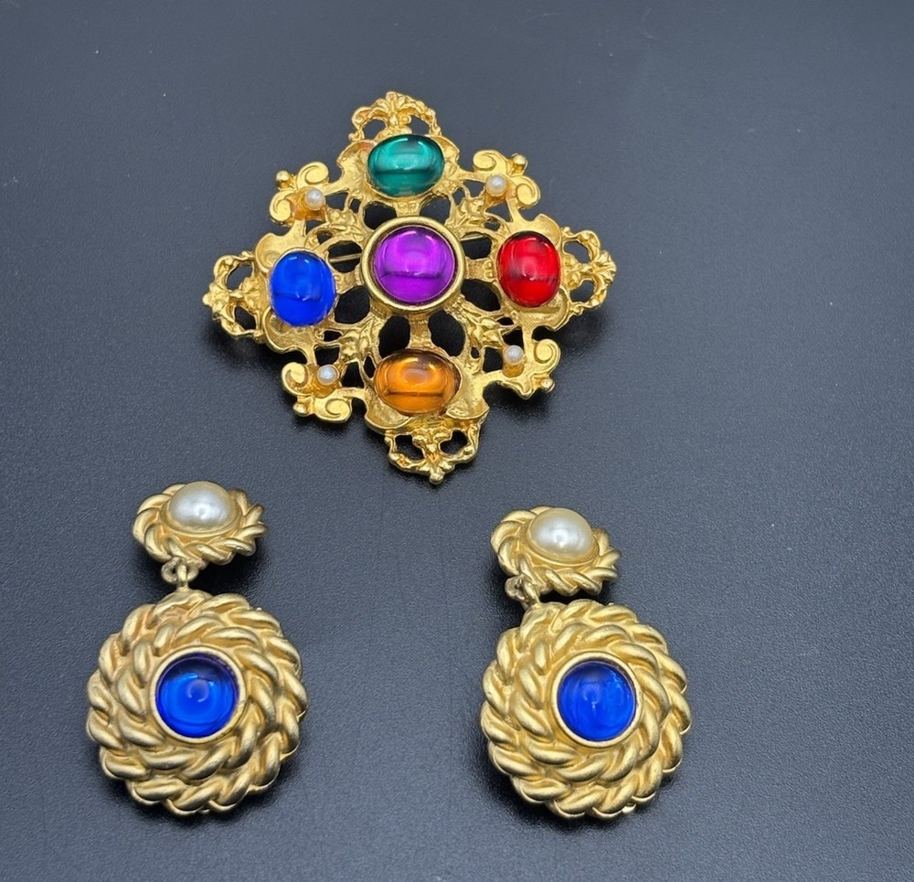 Gold Tone Floral Brooch Earrings Set Statement Purple Blue Green Dangle Drop