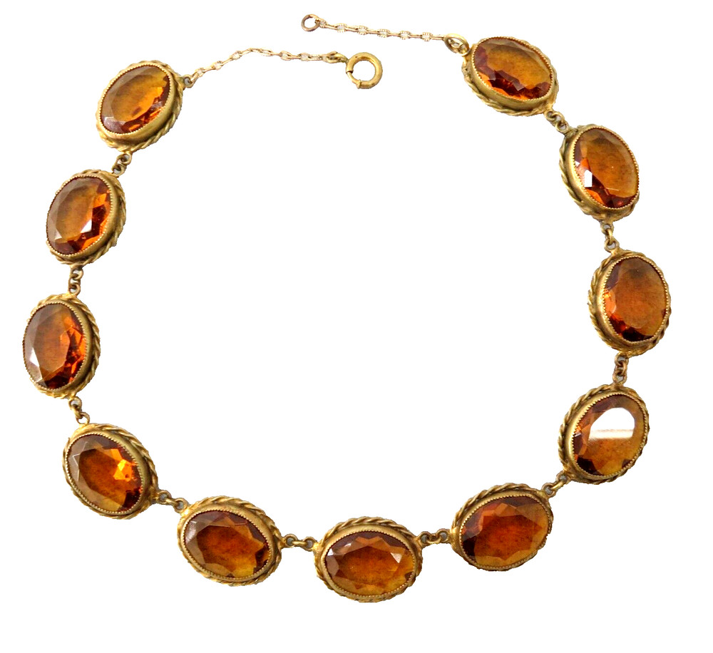 Antique Pre 1920s Czech Glass Necklace Brass Cognac Hue Stones 17″ Bold Estate
