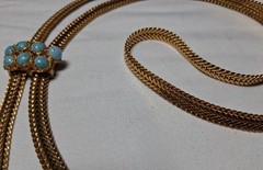 Vtg Unsigned Jomaz ? Lariat or Slider Necklace w Turquoise Blue Rhinestones 185
