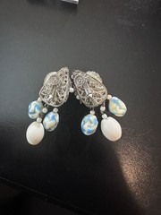 Vintage Signed Miriam Haskell Blue & White Oval Glass Bead Filigree Clip-Ons