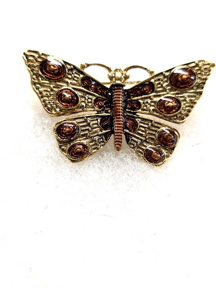 Vtg W signed gold tone brown epoxt butterfly Pin