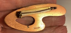 MCM Copper Enamel Boomerang Open Swirl Brooch modernist artisan signed Belanger