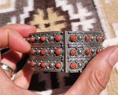 Vintage Tibetan/Himalayan Silver Alloy Coral Hinged Bangle Bracelet-68.2g-8.1″