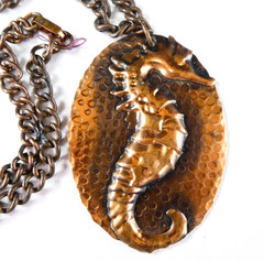 Vintage Genuine Copper Seahorse Pendant Chain Necklace Large 2.75″