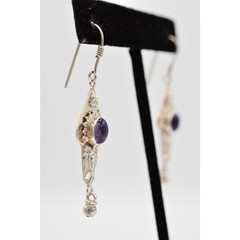 Vintage 925 Sterling Silver Dangle Drop Earrings Purple Cabochon Signed Bin4