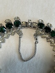VTG Hobe Emerald Green & Clear Crystal Rhinestone Bracelet W/ Safety Chain