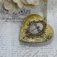 Gold Heart Locket Glass Birthday Anniversary Wedding Dragonfly Cameo Necklace