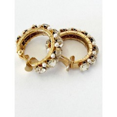 Vintage Rhinestone Hoop Earrings Gold Tone Clip-On Glamorous Retro