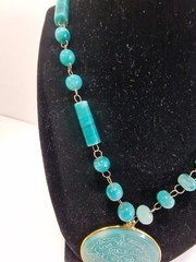 Vintage Polished Blue Stone Pendant Beaded Necklace 26″ in, Carved Sun, *111t