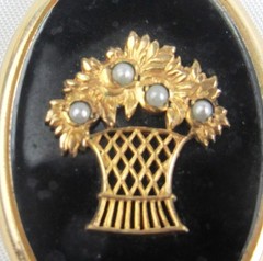 Antique BB Yellow Gold Filled Black Enamel Seed Pearl Flower Basket Locket