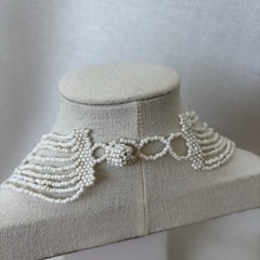Vintage White Glass Seed Bead Bib Collar Necklace 16-18” Adjustable Length