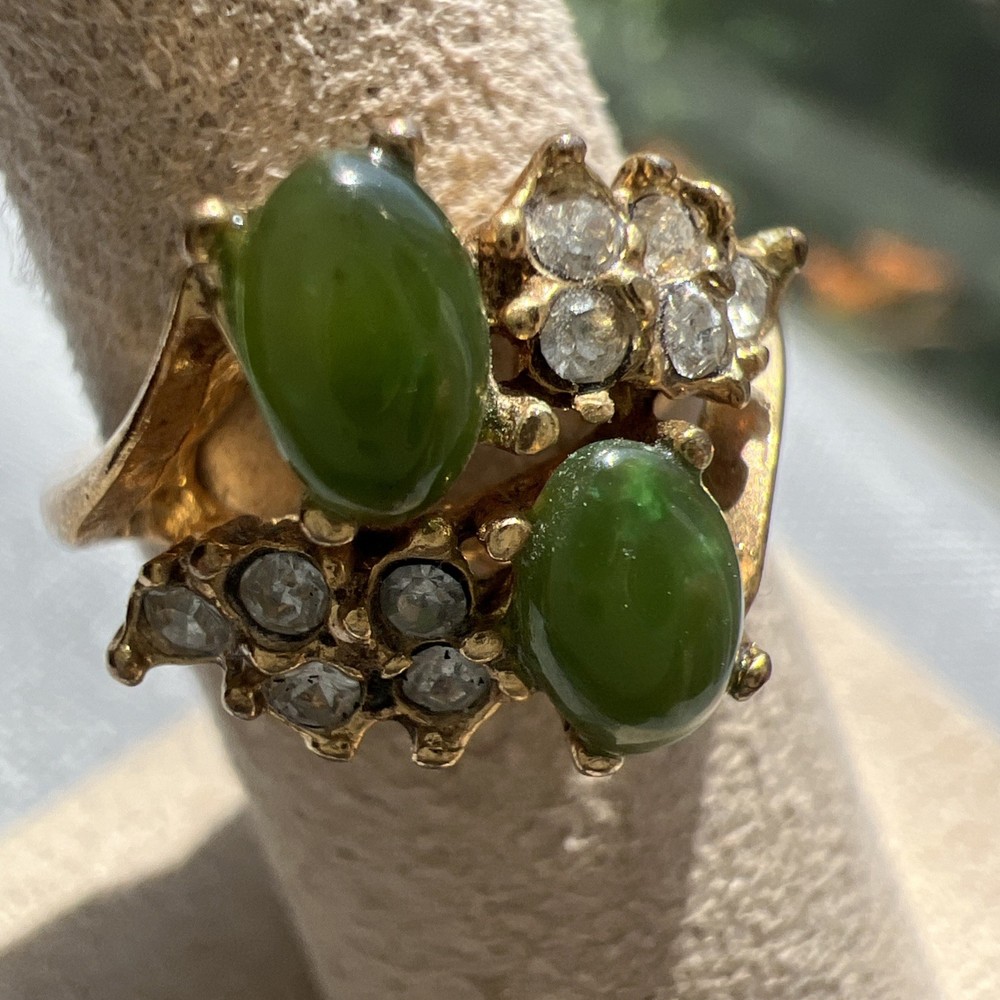 Vintage Faux Jade & Diamond Ring Set In Gold Tone Metal; Sz. 6.5; Beautiful!
