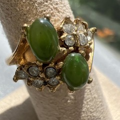 Vintage Faux Jade & Diamond Ring Set In Gold Tone Metal; Sz. 6.5; Beautiful!