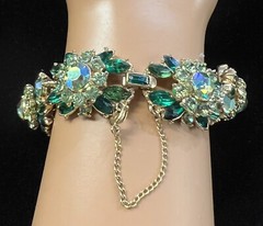 Trifari Signed Green Gold Tone Rhinestone Flower Contessa Bracelet & Earrings