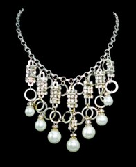 Vintage Crystal Rhinestone & Faux Pearl Dangle Bib Necklace