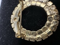 Vintage Double Circle Pin AB Crystals Clear Aqua Color Gold Plated Vtg Clasp