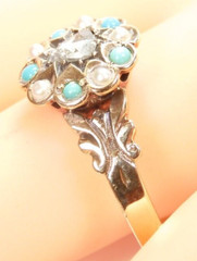 Victorian Art Deco Diamond Engagement Pearl Turquoise 14KY Ring Size 11.75 UK-X