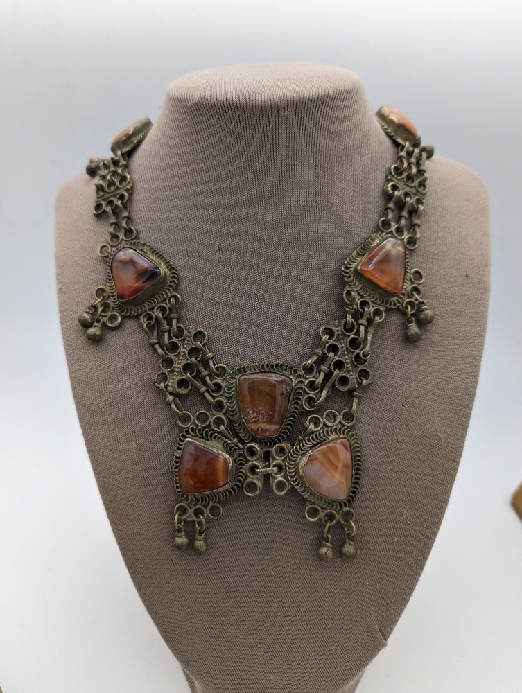 Vintage Semi Precious Stones Metal Choker Necklace